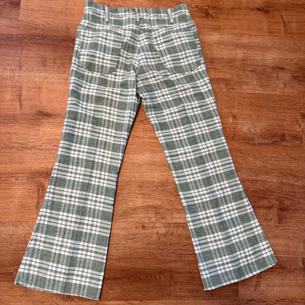 Green and White Plaid Flared Pants